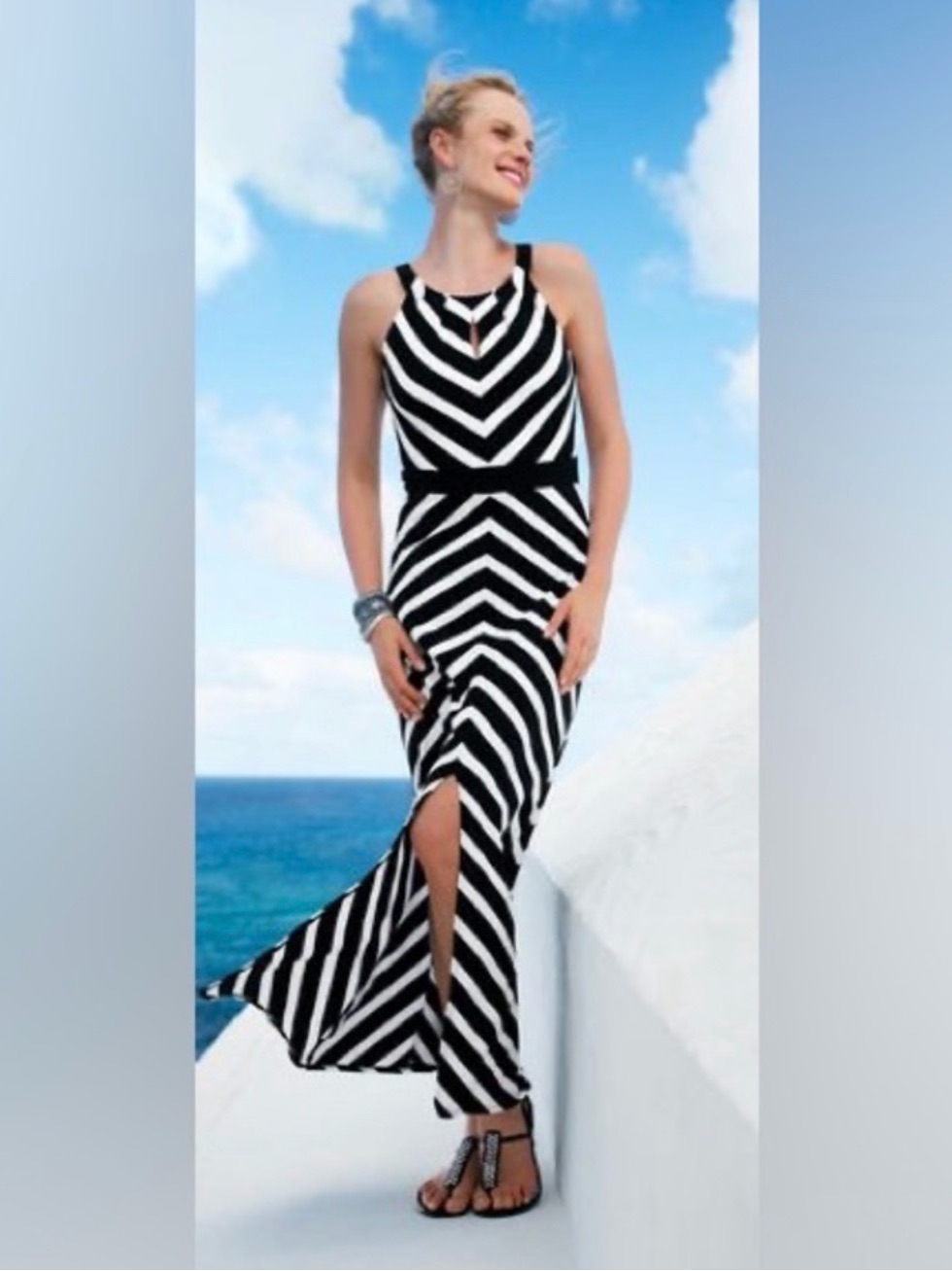 White House Black Market Black And White Chevron Halter Maxi Dress